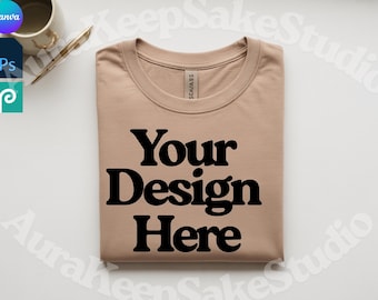 Maquete da camiseta Bella Canvas 3001 | Foto de camiseta em estilo flatlay (Download instantâneo)