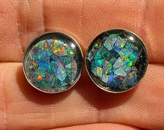 Australian Opal Inlay Earrings: Sterling Silver - Quartz Caps - 1/2", 12mm - Stud Style