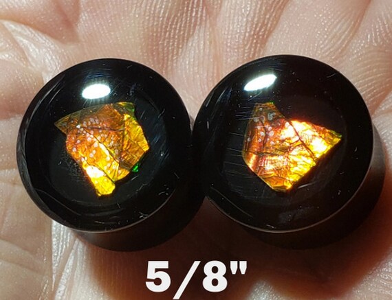 Ear Gauge Plugs 5/8 Inch Size = 16 mm - Solid Black Acrylic - Natural Canadian Ammolite In Epoxy Resin - One Pair