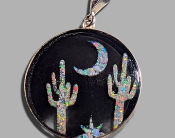 Opal Inlay Pendant Necklace - 1 1/5" = 30.5 mm - Sterling Silver - Natural Australian Opal Chips In Epoxy Resin - Crystal Cap On Top