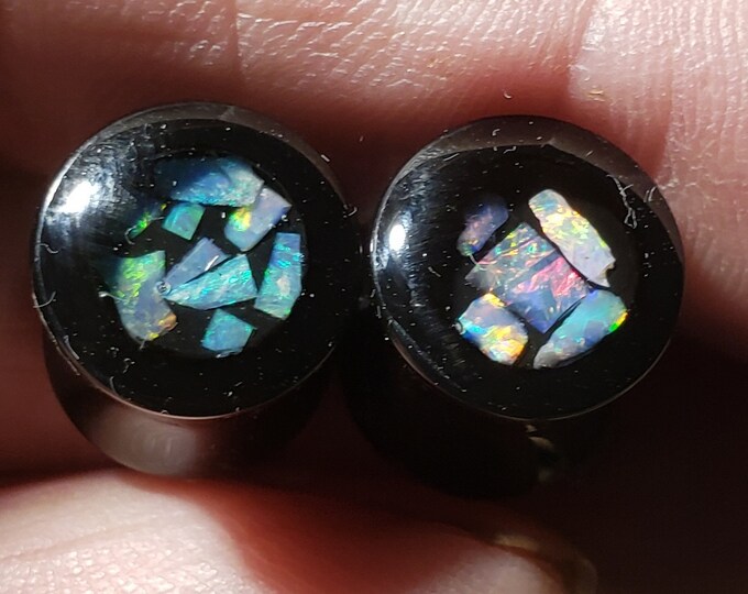 00 GA- Opal Inlay Ear Gauge Plugs - Size 00 Ga = 10 mm - Solid Black Acrylic - Natural Australian Opal In Resin - One Pair
