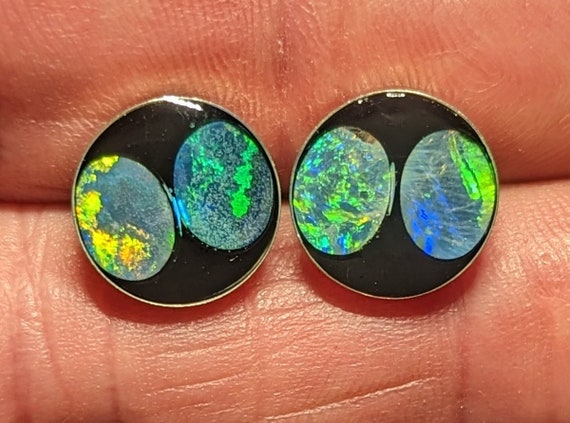 Opal Inlay Stud Earrings - 1/2" = 12.4 mm - Sterling Silver - Natural Australian Opal Triplets In Epoxy Resin