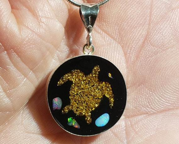 Opal Inlay Pendant Necklace - 3/4" = 20.4 mm - Sterling Silver - Natural Ethiopian Opal & Gold Leaf In Epoxy Resin - Sterling Silver Chain