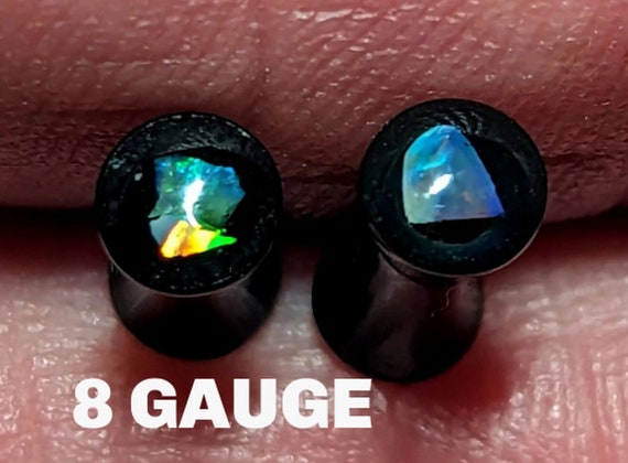 Ear Gauge Plugs 8 Ga = 3 mm - Solid Black Acrylic - Natural Australian Opal Chips In Epoxy Resin - One Pair