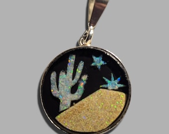 Opal Inlay Pendant Necklace -  3/4" = 20.5 mm - Sterling Silver - Natural Australian Opals In Epoxy Resin - Crystal Cap On Top