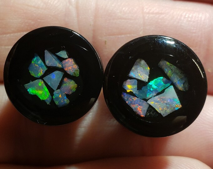 9/16 Inch - Opal Inlay Ear Gauge Plugs - Size 9/16" = 14 mm - Solid Black Acrylic - Natural Australian Opal - One Pair