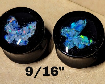 Ear Gauge Plugs 9/16" = 14 mm - Solid Black Acrylic - Natural Australian Opal Chips In Epoxy Resin - One Pair