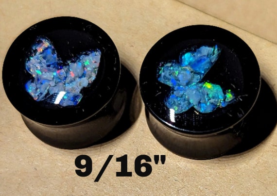 Ear Gauge Plugs 9/16" = 14 mm - Solid Black Acrylic - Natural Australian Opal Chips In Epoxy Resin - One Pair