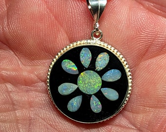 Opal Inlay Pendant Necklace - 3/4" = 20.5 mm - Sterling Silver - Natural Australian Opal In Epoxy Resin - Sterling Silver Chain