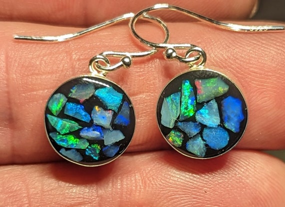 Opal Inlay Hoop Earrings - 1/2" = 12.4 mm - Sterling Silver - Natural Australian Opal Chips In Epoxy Resin