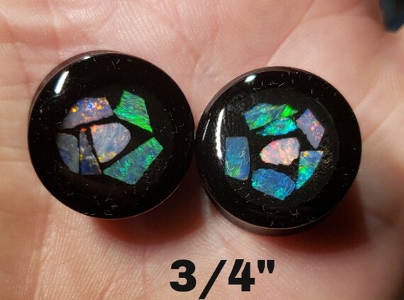 Ear Gauge Plugs 3/4 Inch Size = 18.8 mm - Solid Black Acrylic - Natural Australian Opal In Resin - One Pair