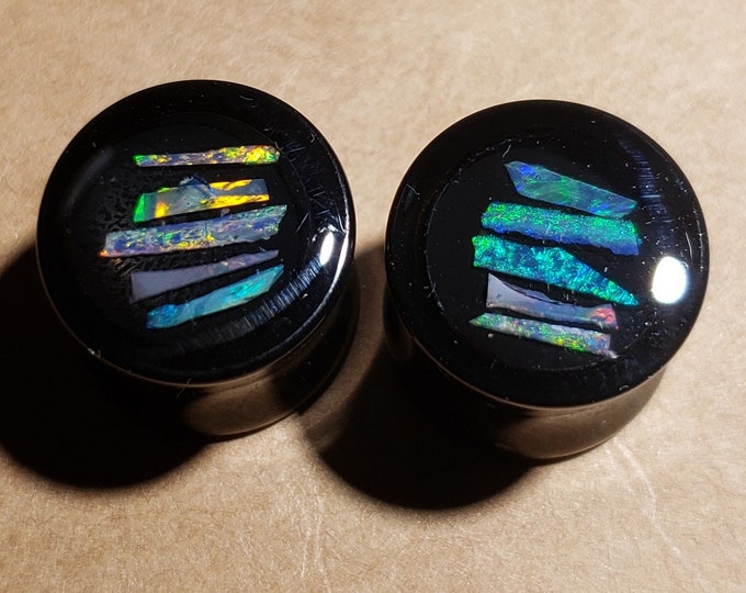 9/16 - Opal Inlay Ear Gauge Plugs - Size 9/16 Inch = 14 mm - Solid Black Acrylic - Natural Australian Opal In Resin - One Pair