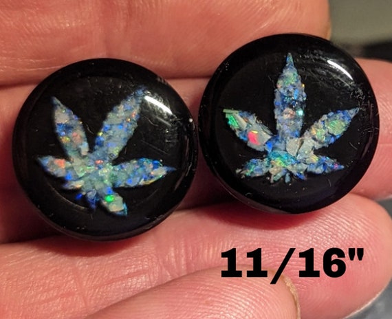 Ear Gauge Plugs 11/16" = 18 mm - Solid Black Acrylic - Natural Australian Opal Chips - In Epoxy Resin - One Pair