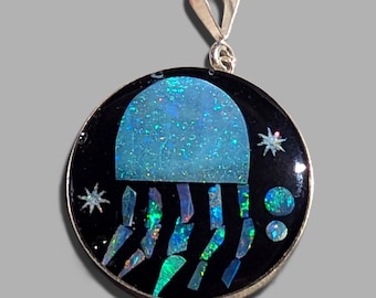 Opal Inlay Pendant Necklace - 1 1/5" = 30.5 mm - Sterling Silver - Natural Australian Opals In Epoxy Resin - Crystal Cap On Top