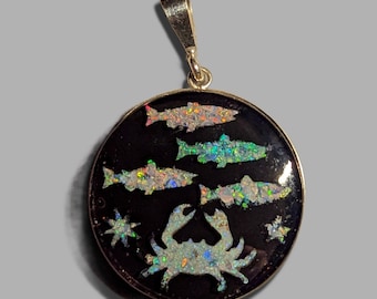 Opal Inlay Pendant Necklace - 1 1/5" = 30.5 mm - Sterling Silver - Natural Australian Opals In Epoxy Resin - Crystal Cap On Top