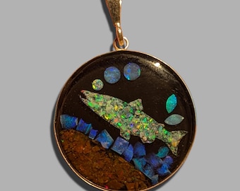 Opal Inlay Pendant Necklace - 1 1/5" = 30.5 mm - Sterling Silver - Natural Opals In Epoxy Resin - Crystal Cap On Top