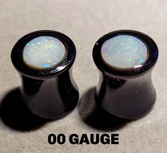 00 GA- Opal Inlay Ear Gauge Plugs - Size 00 Ga = 10 mm - Solid Black Acrylic - Natural Australian Opal In Resin - One Pair