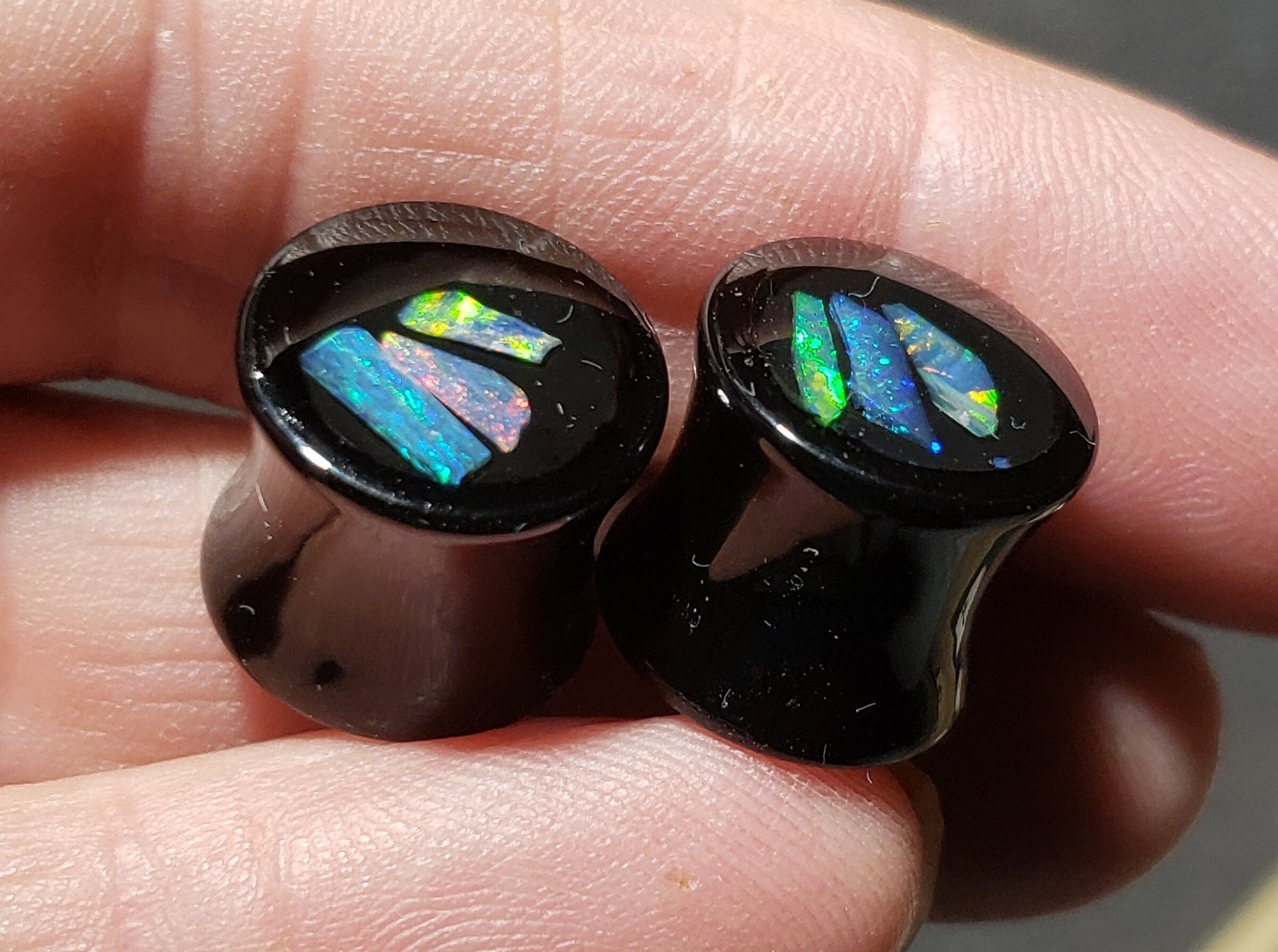 1 2 Inch Opal Inlay Ear Gauge Plugs Size 1 2 12 3 Mm Solid Black Acrylic Natural Australian Opal In Resin One Pair