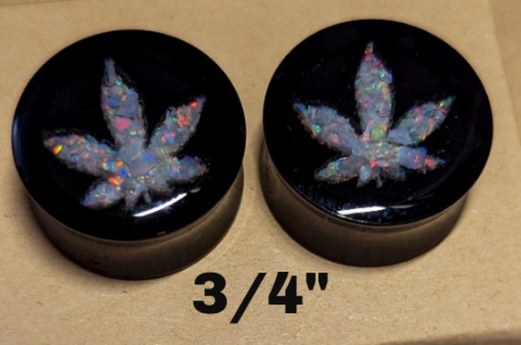 Ear Gauge Plugs 3/4" = 19 mm - Solid Black Acrylic - Natural Australian Opal Chips - Flower Shapes - In Epoxy Resin - One Pair