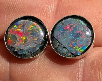 Australian Opal Inlay Earrings: Sterling Silver - Quartz Caps - 1/2", 12mm - Stud Style