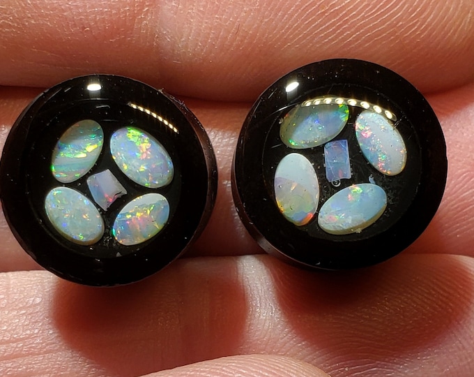 Ear Gauge Plugs - 9/16 Inch Size = 14 mm - Solid Black Ebony Wood - Natural Australian Opal In Resin - One Pair