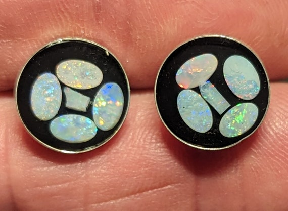 Opal Inlay Stud Earrings - 1/2" = 12.4 mm - Sterling Silver - Natural Australian Opals In Epoxy Resin