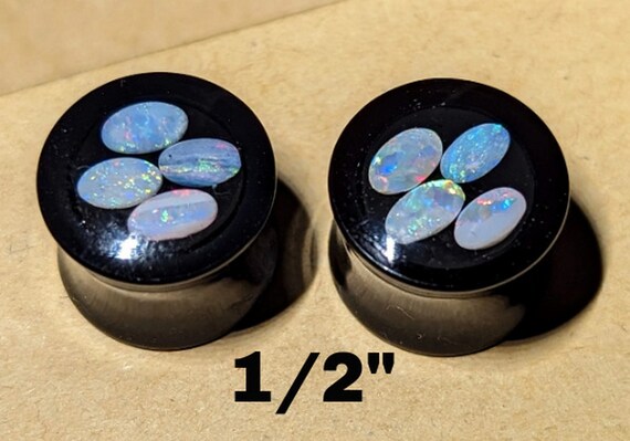 Ear Gauge Plugs 1/2" = 12 mm - Solid Black Acrylic - Natural Australian Opal Cabochons In Epoxy Resin - One Pair