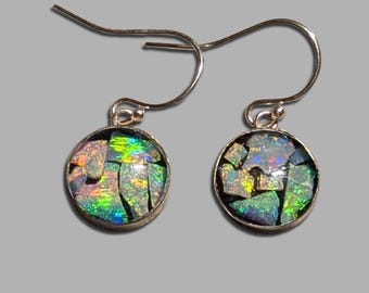 Opal Inlay Earrings - 1/2" = 12.4 mm - Sterling Silver - Natural Australian Opals In Epoxy Resin - Crystal Caps On Top