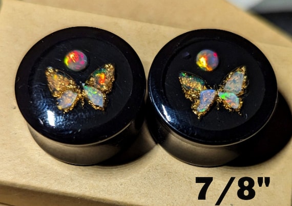 Ear Gauge Plugs 7/8" = 22 mm - Solid Black Acrylic - Natural Ethiopian Opal & Gold Leaf - In Epoxy Resin - One Pair