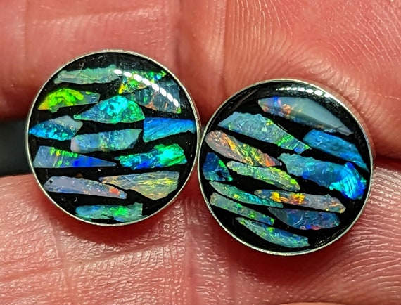 Opal Inlay Stud Earrings - 1/2" = 12.4 mm - Sterling Silver - Natural Australian Opal Chips In Epoxy Resin