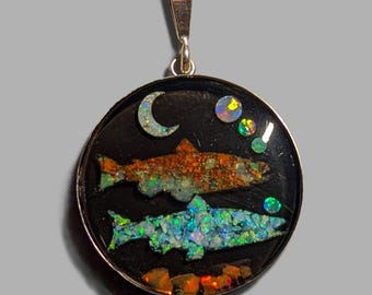 Opal Inlay Pendant Necklace - 1 1/5" = 30.5 mm - Sterling Silver - Natural Opals In Epoxy Resin - Crystal Cap On Top