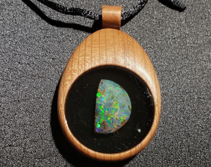 Opal Inlay Pendant - 2 1/4" Long - Solid Cherry Wood - Natural Australian Boulder Opal In Resin