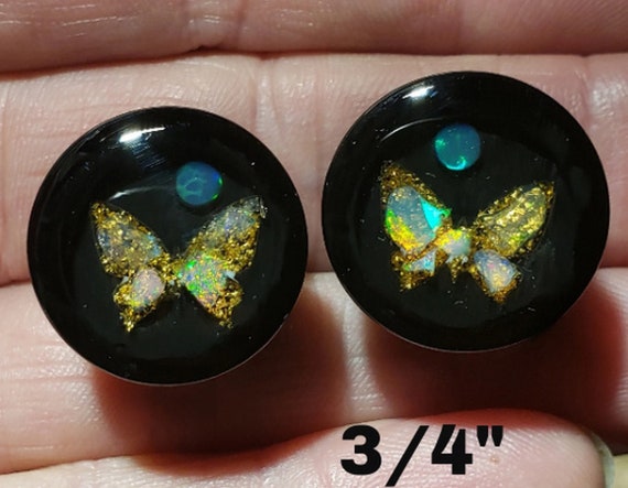 Ear Gauge Plugs 3/4 Inch = 19 mm - Solid Black Acrylic - Natural Ethiopian Opals In Gold Leaf In Epoxy Resin - Butterfly Shapes - One Pair