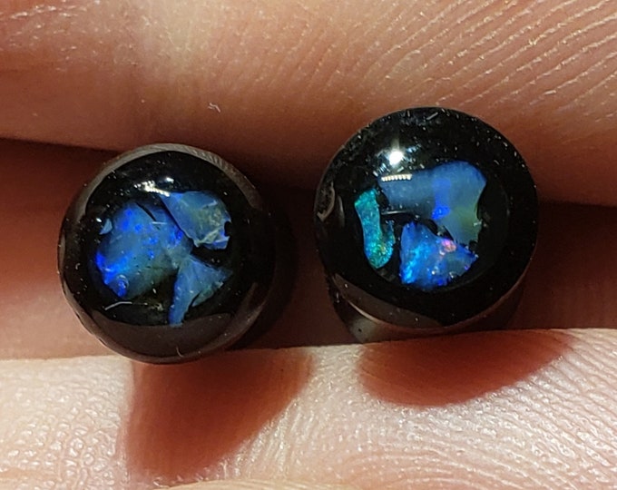 Ear Gauge Plugs Size 2 Ga = 6.2 mm - Solid Ebony Wood - Natural Australian Opal In Epoxy Resin - One Pair