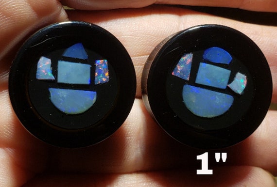 1" - Opal Inlay Ear Gauge Plugs - Size 1 Inch = 24.7 mm - Solid Black Acrylic - Natural Australian Opal In Resin - One Pair