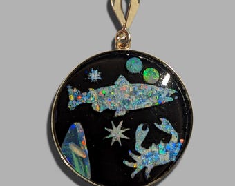 Opal Inlay Pendant Necklace - 1 1/5" = 30.5 mm - Sterling Silver - Natural Australian Opals In Epoxy Resin - Crystal Cap On Top