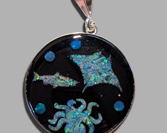 Opal Inlay Pendant Necklace - 1 1/5" = 30.5 mm - Sterling Silver - Natural Australian Opals In Epoxy Resin - Crystal Cap On Top