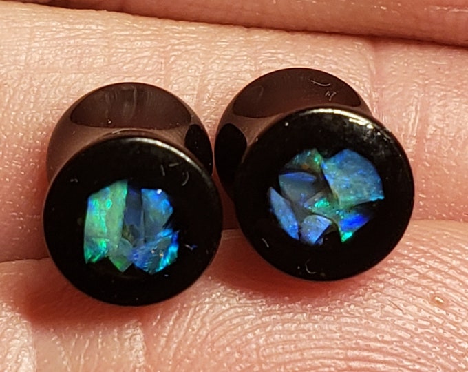 2 GA- Opal Inlay Ear Gauge Plugs - Size 2 Ga = 6 mm - Solid Black Acrylic - Natural Australian Opal In Resin - One Pair