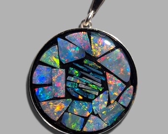 Opal Inlay Pendant Necklace - 1 1/5" = 30.5 mm - Sterling Silver - Natural Australian Opals In Epoxy Resin - Domed Quartz Face On Top