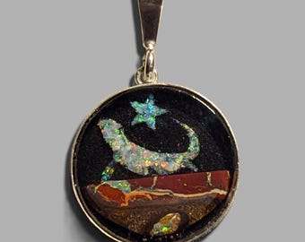 Opal Inlay Pendant Necklace -  3/4" = 20.5 mm - Sterling Silver - Natural Australian Opals In Epoxy Resin - Crystal Cap On Top