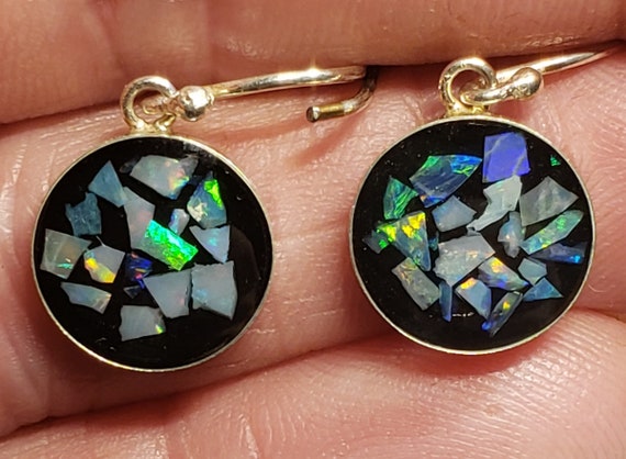 Opal Inlay Hoop Earrings - 1/2" = 12.4 mm - Sterling Silver - Natural Australian Opal In Epoxy Resin