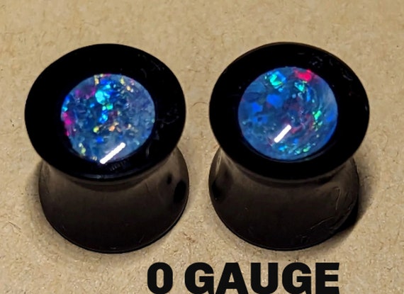 Ear Gauge Plugs 0 Ga = 8 mm - Solid Black Acrylic - Natural Australian Opal Triplets In Epoxy Resin - One Pair