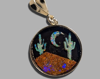 Opal Inlay Pendant Necklace -  3/4" = 20.5 mm - Sterling Silver - Natural Australian Opals In Epoxy Resin - Crystal Cap On Top