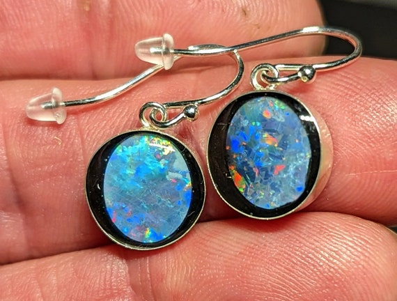 Opal Inlay Hoop Earrings - 1/2" = 12.4 mm - Sterling Silver - Natural Australian Opal Triplets In Epoxy Resin