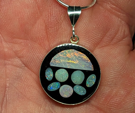 Opal Inlay Pendant Necklace - 3/4" = 20.5 mm - Sterling Silver - Natural Australian Opal In Epoxy Resin - Sterling Silver Chain