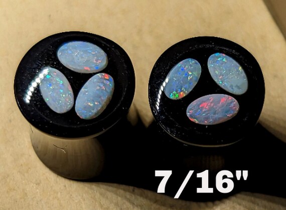 Ear Gauge Plugs 7/16" = 11 mm - Solid Black Acrylic - Natural Australian Opal Cabochons In Epoxy Resin - One Pair