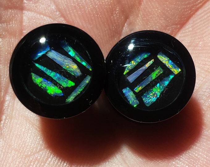 1/2 Inch - Opal Inlay Ear Gauge Plugs - Size 1/2"  = 12.4 mm - Solid Black Acrylic - Natural Australian Opal - One Pair