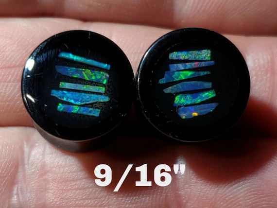 Ear Gauge Plugs 9/16" = 14 mm - Solid Black Acrylic - Natural Australian Opal Chips In Epoxy Resin - One Pair