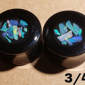 3/4 - Opal Inlay Ohr Plugs - Größe 18,8mm - Schwarzes Acryl - Natürlicher Australischer Opal In Harz - Ein Paar