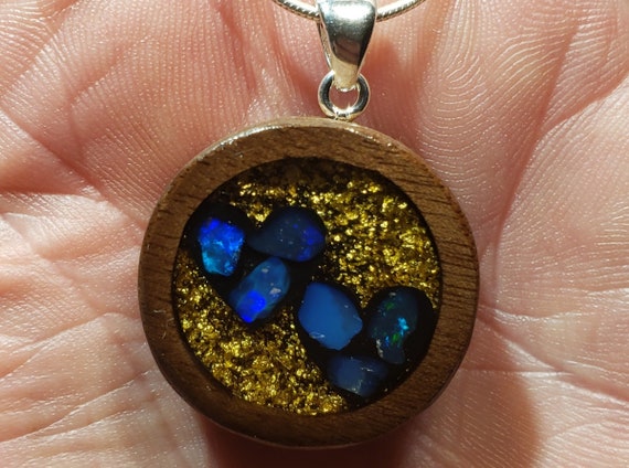 Opal Inlay Pendant - 1" Wide = 25mm - Solid Walnut Wood - Natural Ethiopian Opal And Gold Leaf In Epoxy Resin - Sterling Silver Chain